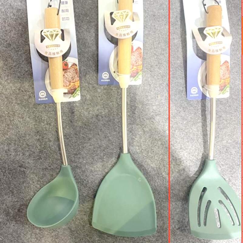 Fashion silicone slotted spatula with wooden handle