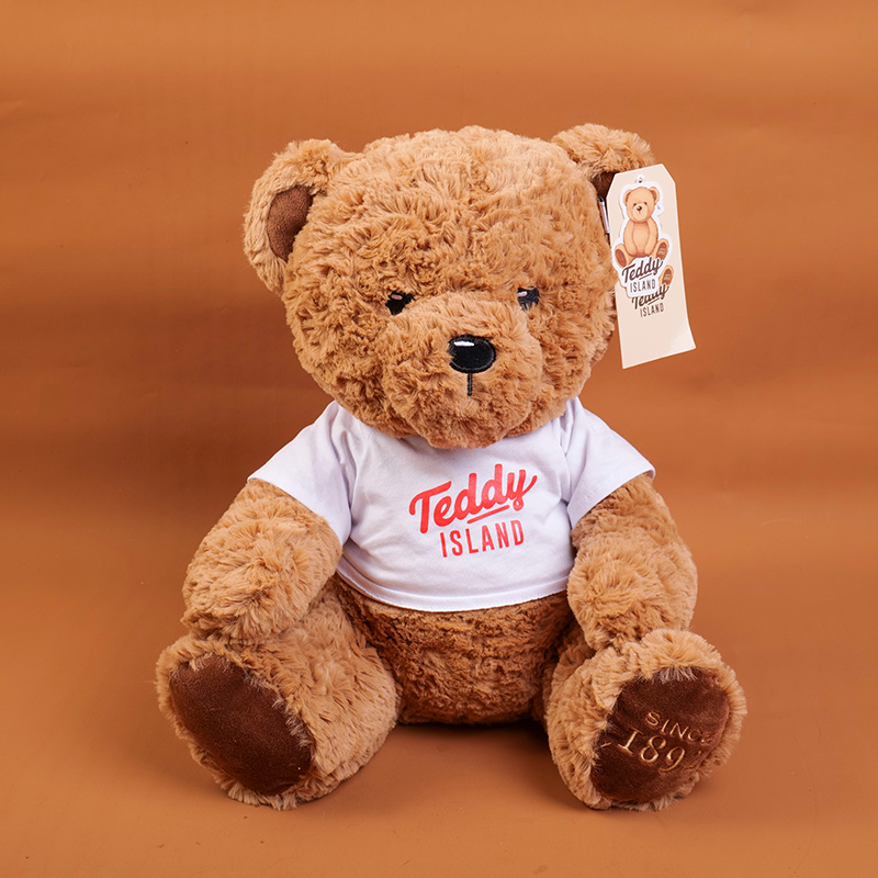 TEDDY ISLAND dark colour sitting bear plush doll with White T-shirt-35CM