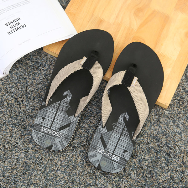 Simple mens flip flops with geometry graphic ribbon-black and beige  44-45