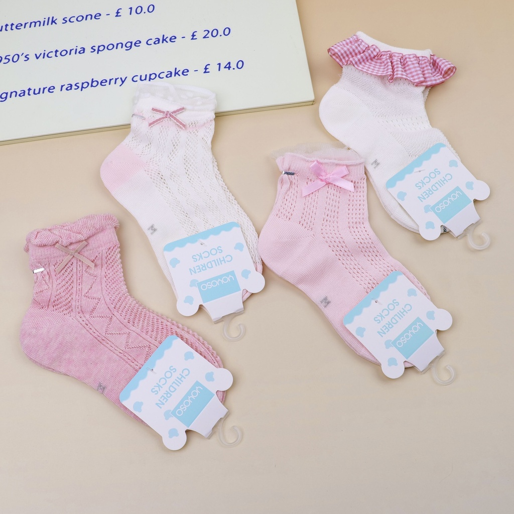 Pink lace bow children's mid-calf socks M