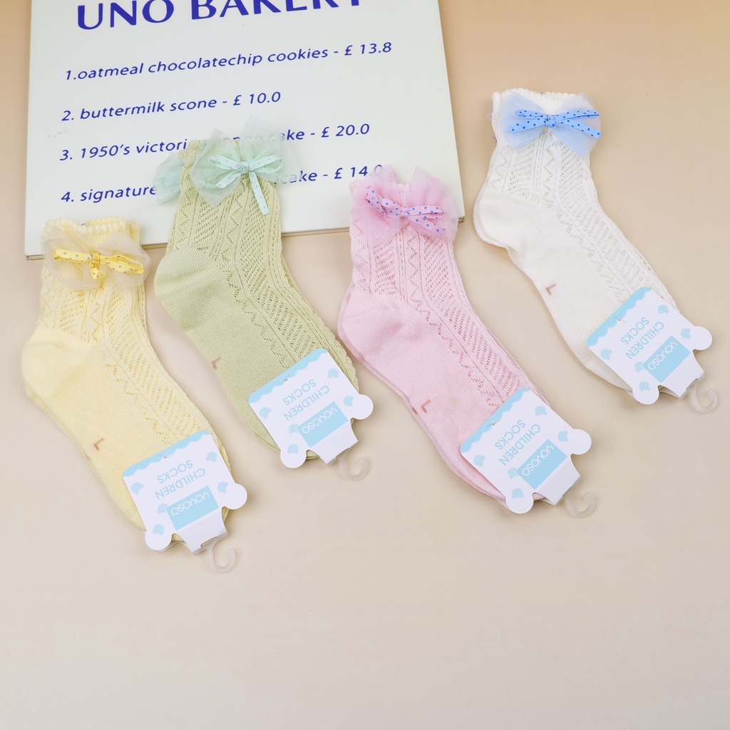 Solid color mesh bow children's mid-calf socks L