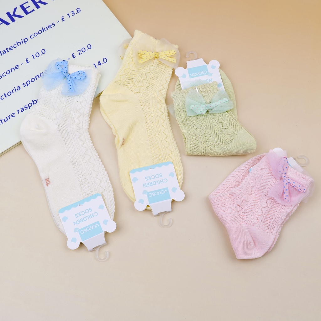 Solid color mesh bow children's mid-calf socks XL