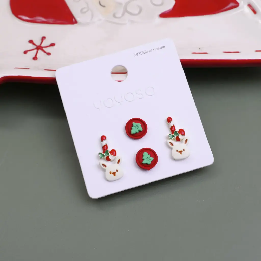 Christmas series cane rabbit stud earrings-3 pairs