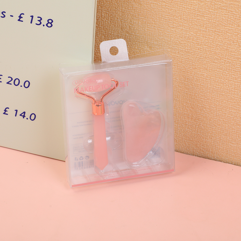 Single head roller massager and pink crystal gua sha tool combo set