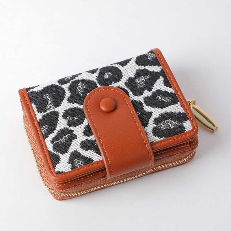Leopard printed two folding wallet with zipper-small