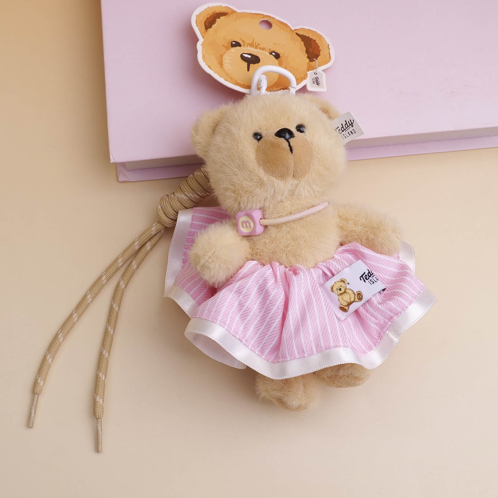TEDDY ISLAND Series Stripe Skirt Plush Key Ring -Pink
