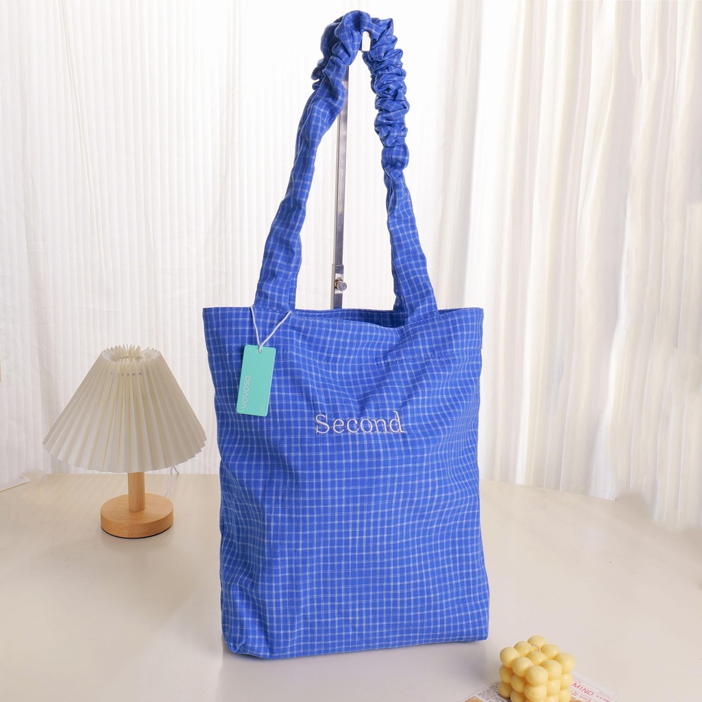 Minimalist Checkered Shopping Bag - Blue