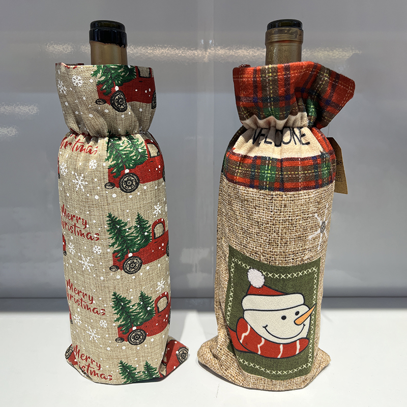 Linen Christmas wine bottle cover