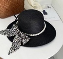 Pearl Floral Bow Straw Hat - Black